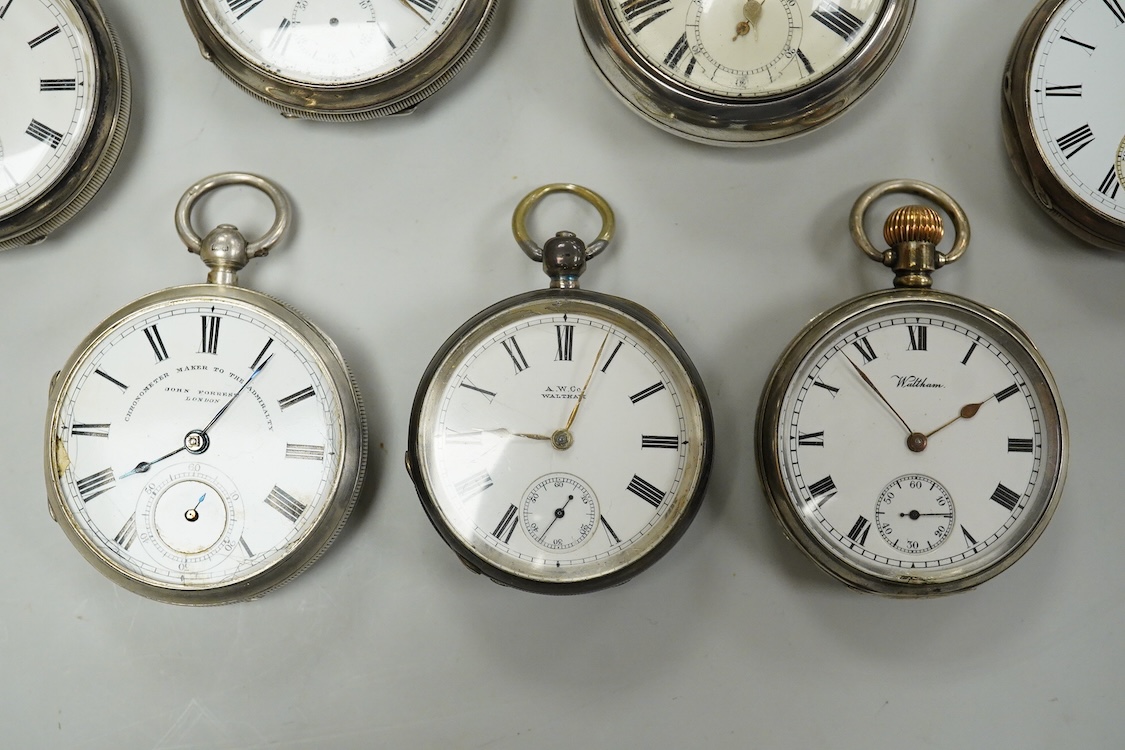 Seven assorted mainly early 20th century silver open faced pocket watches including Kendall & Dent, case diameter 51mm and Waltham, together with a late Victorian silver hunter pocket watch(a.f.).